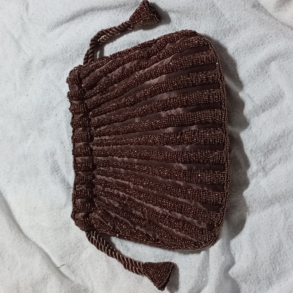 Silver Blue beaded purse brown NWOT